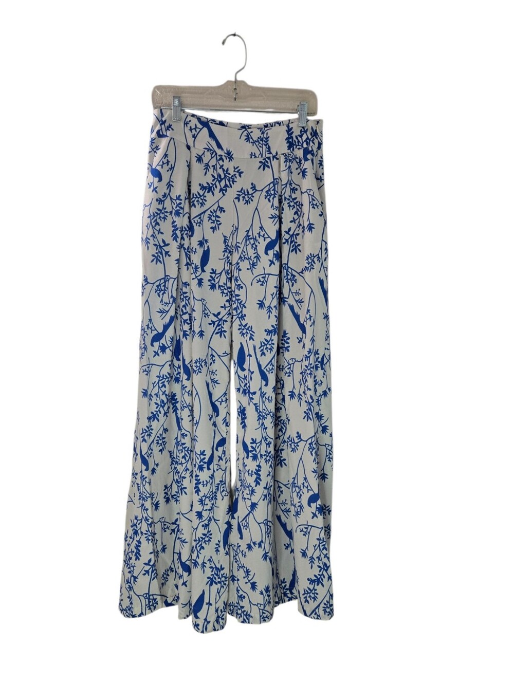 Wide Leg Floral Print Pants in Blue and Cream Sze Large